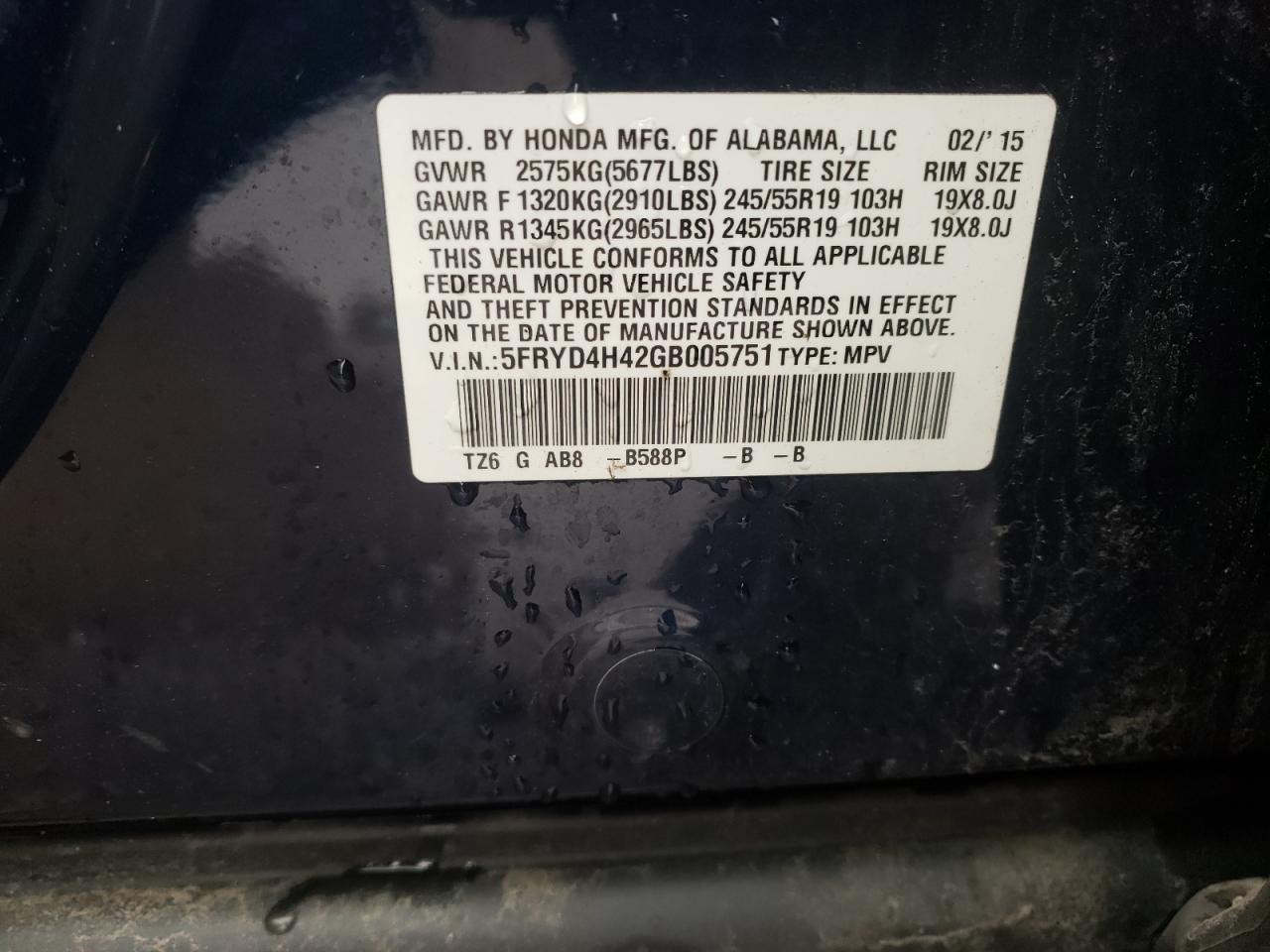 Photo 10 from auction – 2016 ACURA MDX TECHNO with VIN 5FRYD4H42GB005751