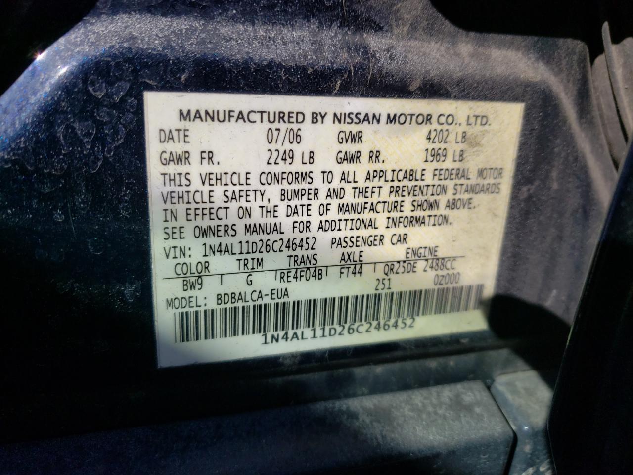 Photo 10 from auction – 2006 NISSAN ALTIMA S with VIN 1N4AL11D26C246452