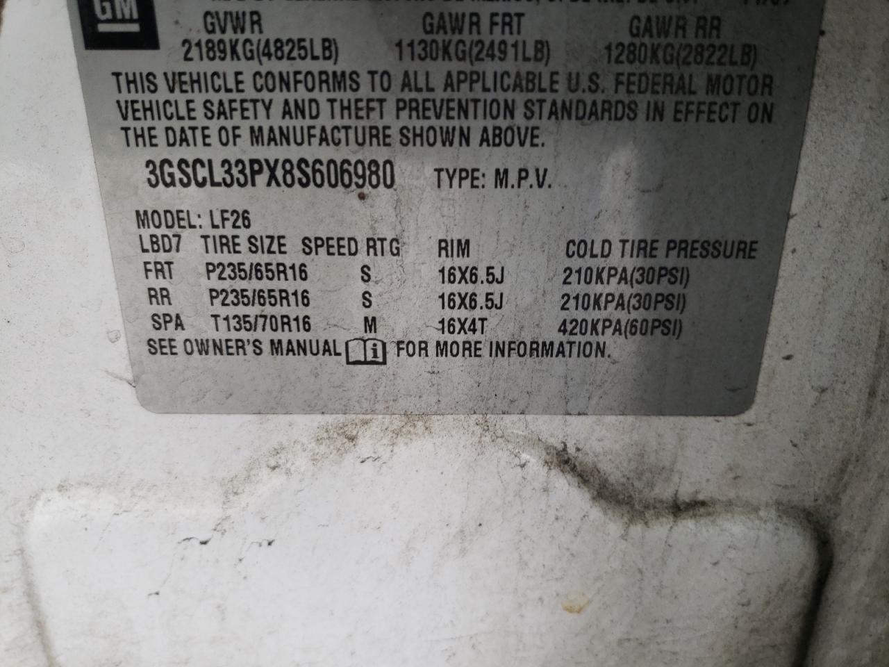 Photo 10 from auction – 2008 SATURN VUE XE with VIN 3GSCL33PX8S606980