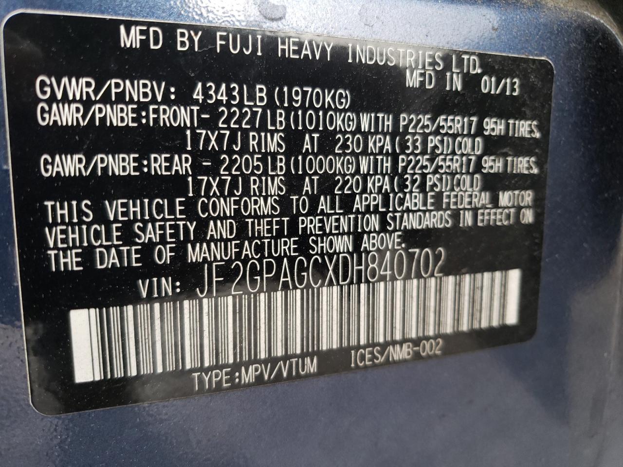 Photo 10 from auction – 2013 SUBARU XV CROSSTR with VIN JF2GPAGCXDH840702