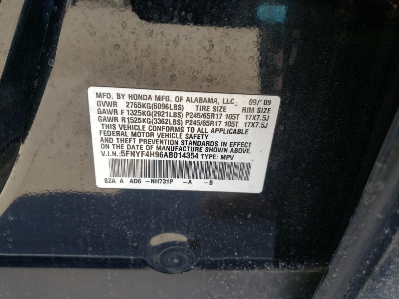 Photo 10 from auction – 2010 HONDA PILOT TOUR with VIN 5FNYF4H96AB014354