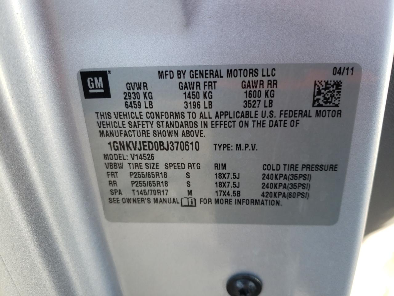 Photo 10 from auction – 2011 CHEVROLET TRAVERSE L with VIN 1GNKVJED0BJ370610