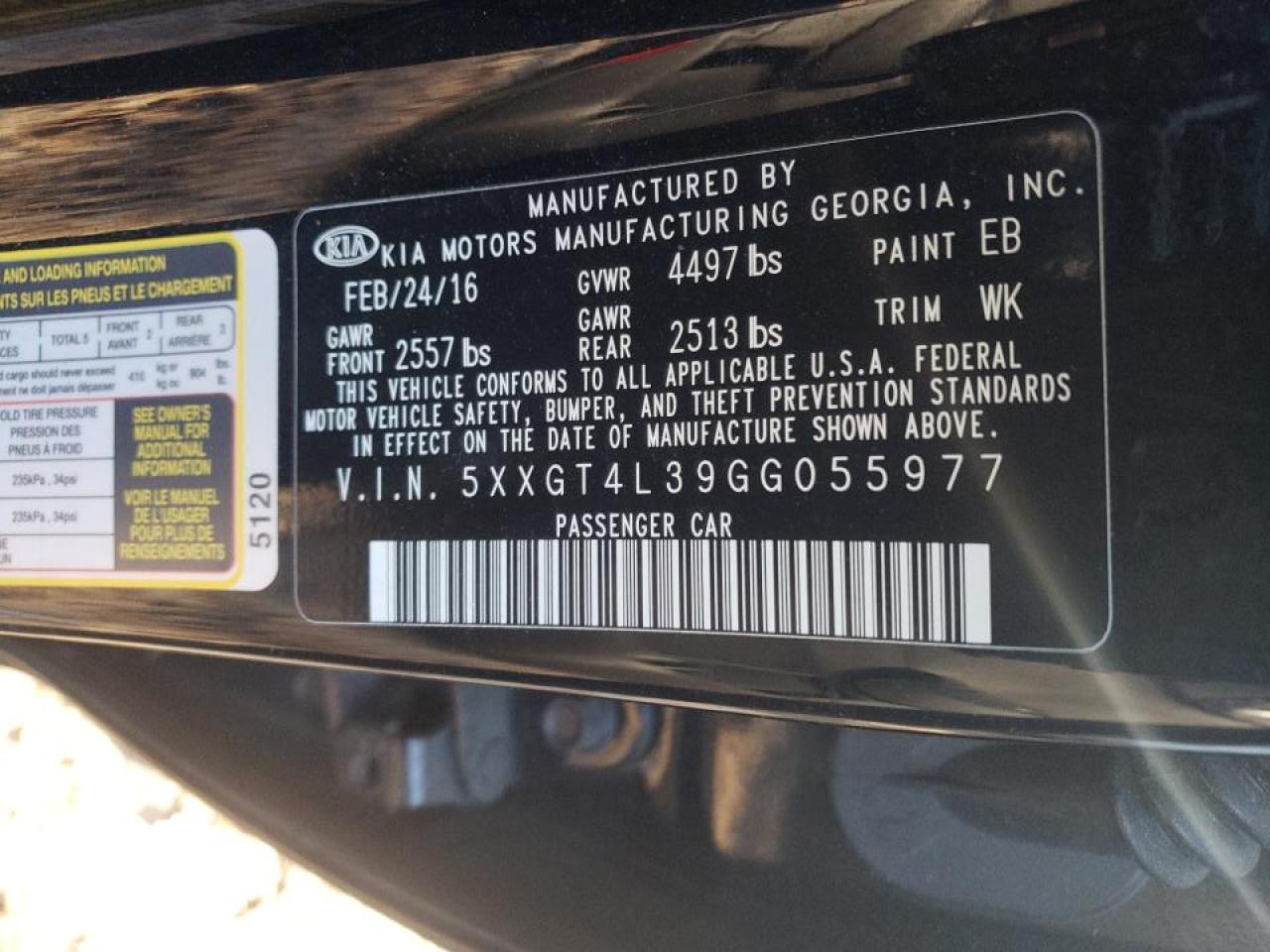Photo 10 from auction – 2016 KIA OPTIMA with VIN 5XXGT4L39GG055977