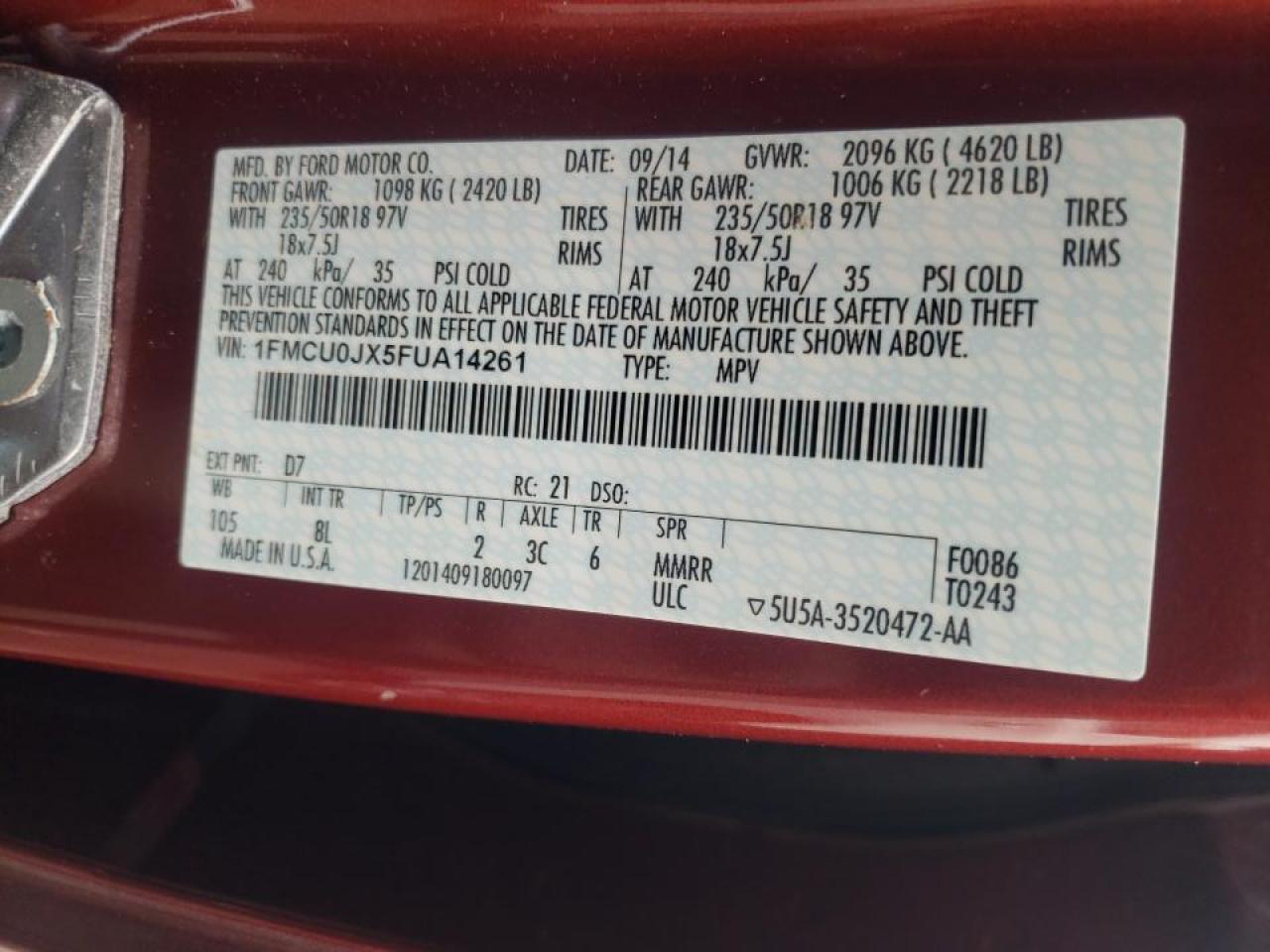 Photo 10 from auction – 2015 FORD ESCAPE TIT with VIN 1FMCU0JX5FUA14261