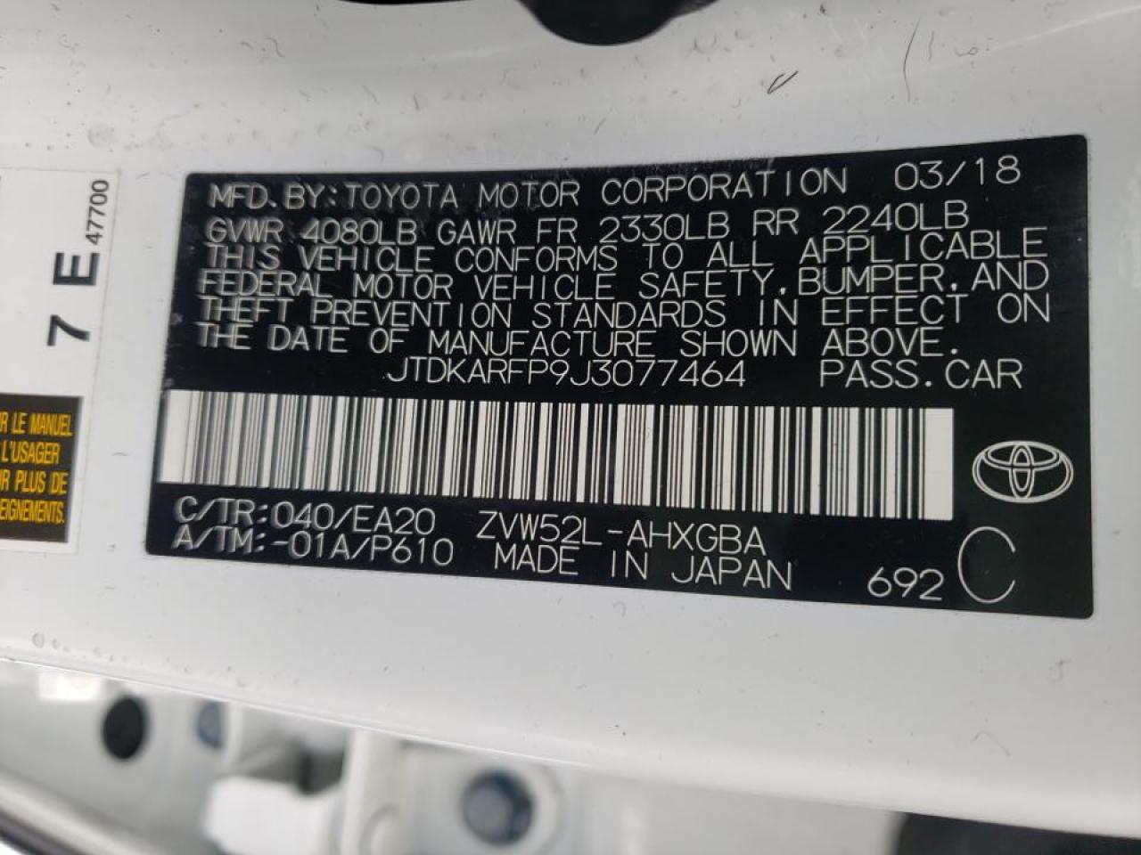 Photo 10 from auction – 2018 TOYOTA PRIUS PRIM with VIN JTDKARFP9J3077464