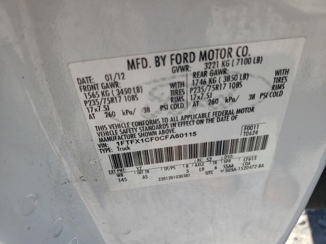 Photo 10 from auction – 2012 FORD F150 SUPER with VIN 1FTFX1CF0CFA60115