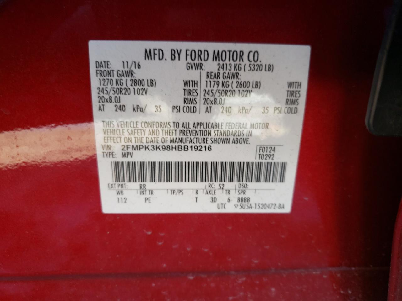 Foto 10 de la subasta – 2017 FORD EDGE TITAN con VIN 2FMPK3K98HBB19216