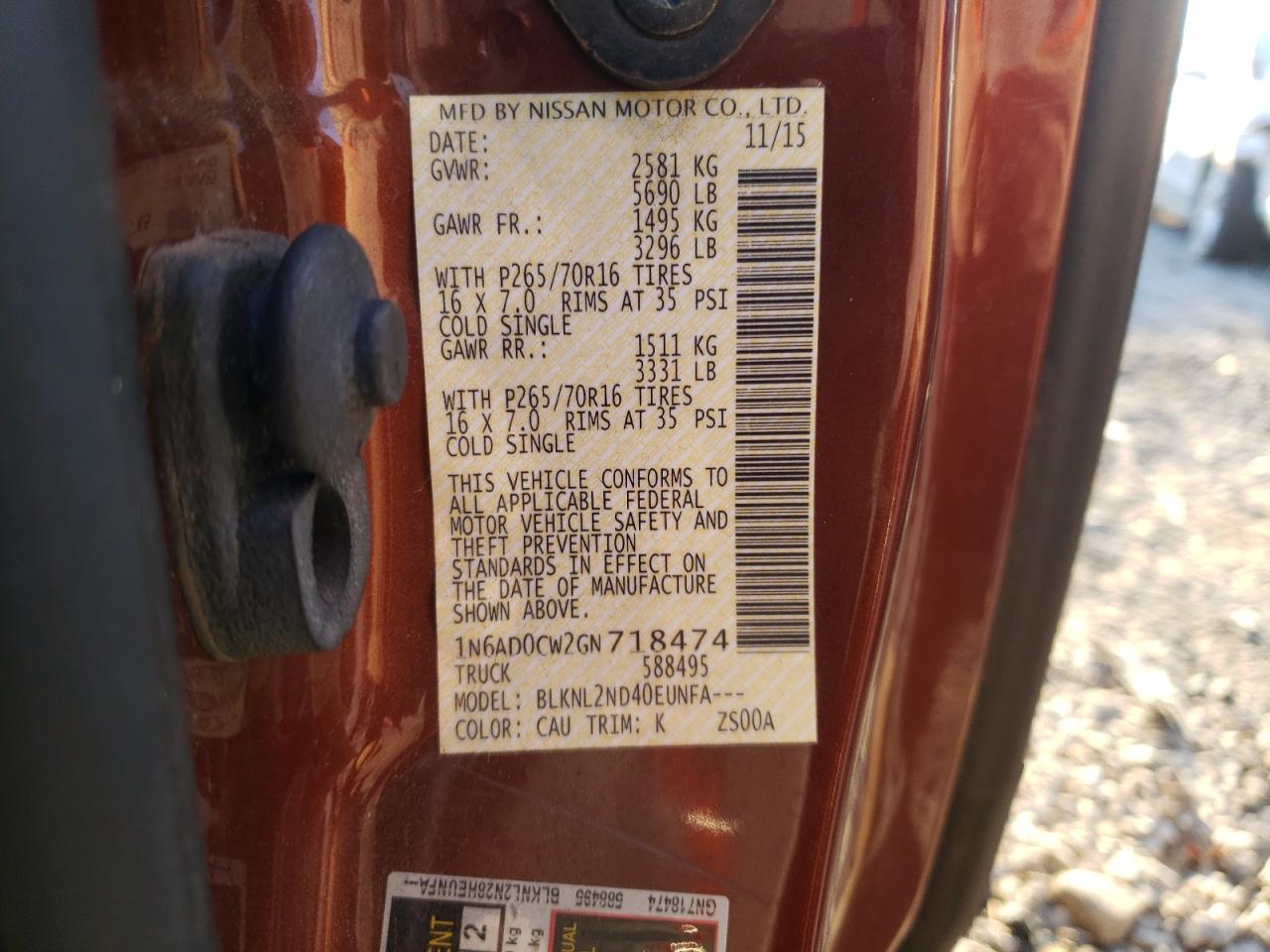 Photo 10 from auction – 2016 NISSAN FRONTIER S with VIN 1N6AD0CW2GN718474