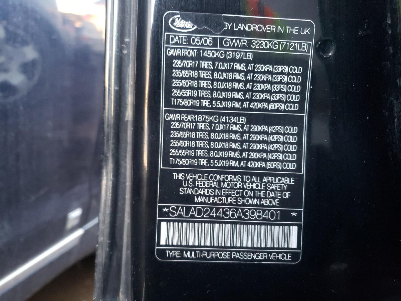 Photo 10 from auction – 2006 LAND ROVER LR3 SE with VIN SALAD24436A398401