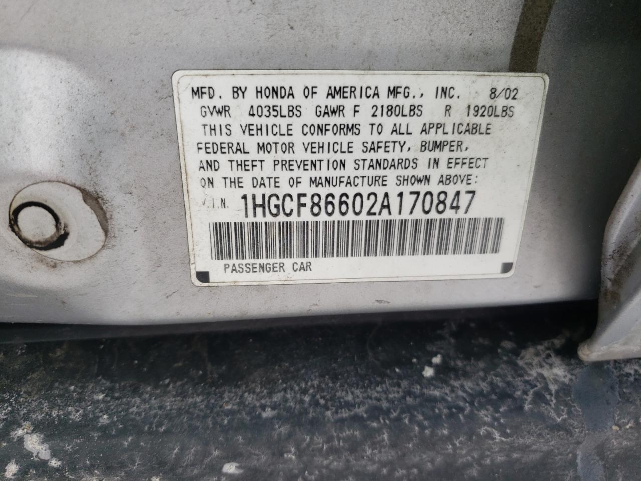 Photo 10 from auction – 2002 HONDA ACCORD VAL with VIN 1HGCF86602A170847