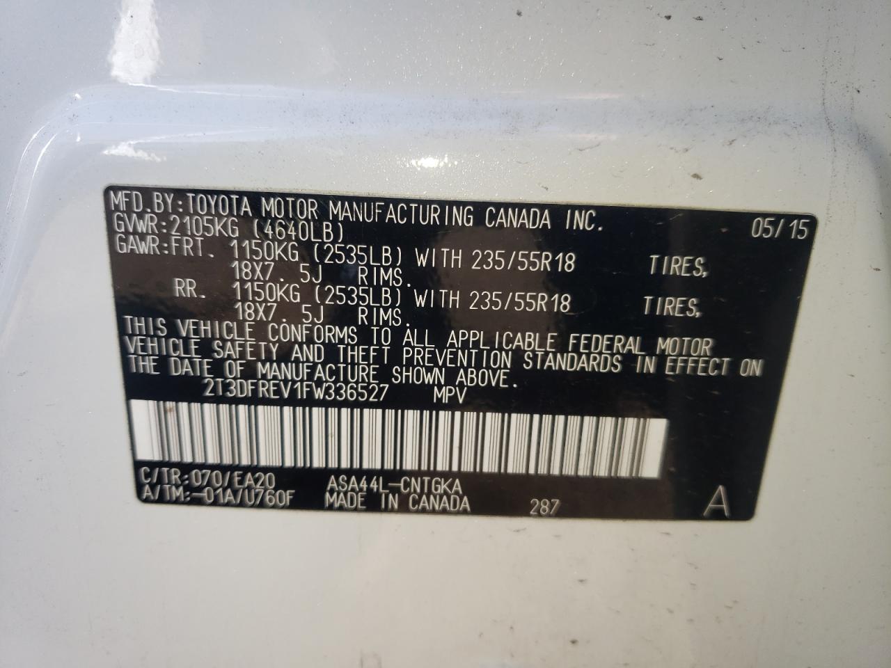 Photo 10 from auction – 2015 TOYOTA RAV4 LIMIT with VIN 2T3DFREV1FW336527