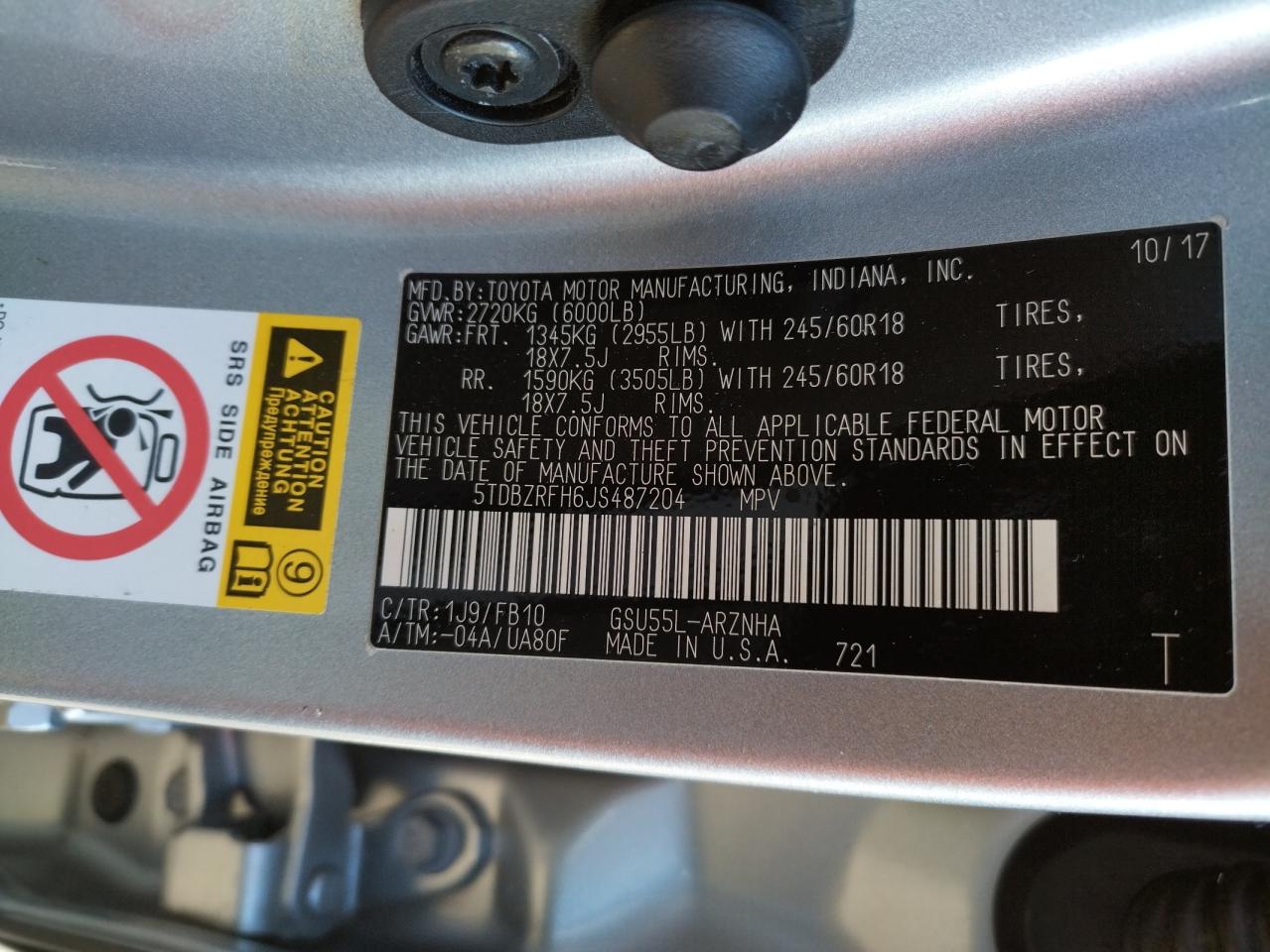 Photo 10 from auction – 2018 TOYOTA HIGHLANDER with VIN 5TDBZRFH6JS487204