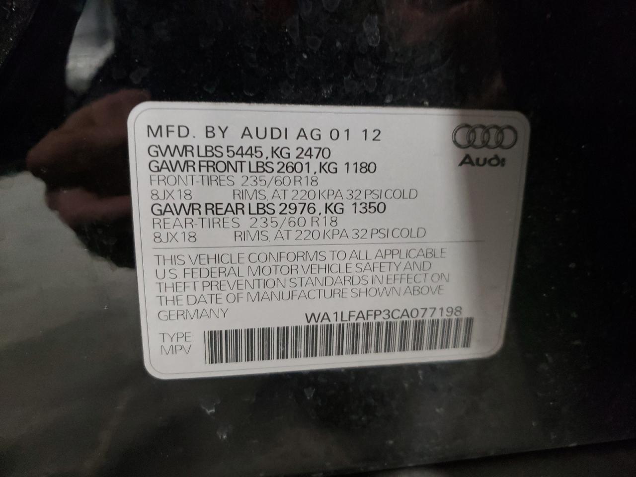 Photo 10 from auction – 2012 AUDI Q5 PREMIUM with VIN WA1LFAFP3CA077198