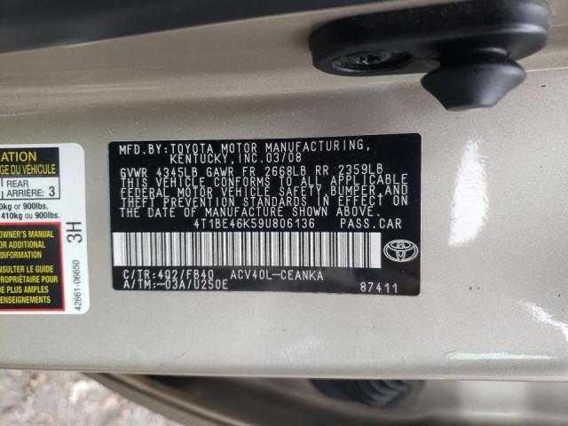 Photo 10 from auction – 2009 TOYOTA CAMRY BASE with VIN 4T1BE46K59U806136