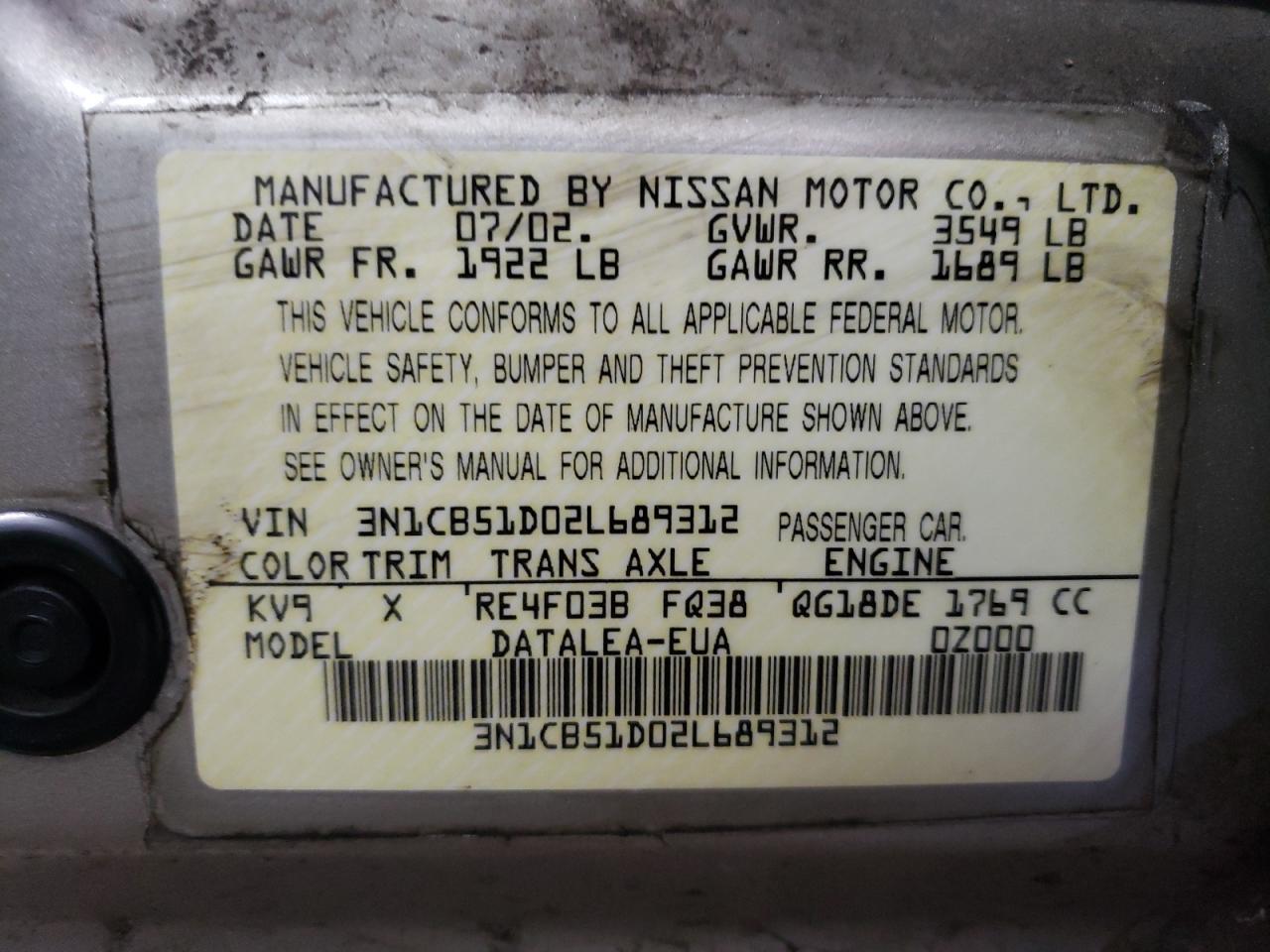 Photo 10 from auction – 2002 NISSAN SENTRA XE with VIN 3N1CB51D02L689312