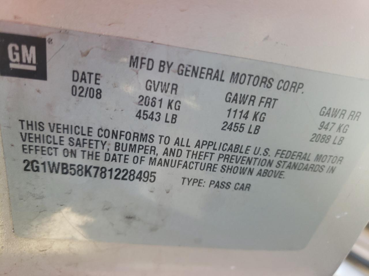 Photo 10 from auction – 2008 CHEVROLET IMPALA LS with VIN 2G1WB58K781228495