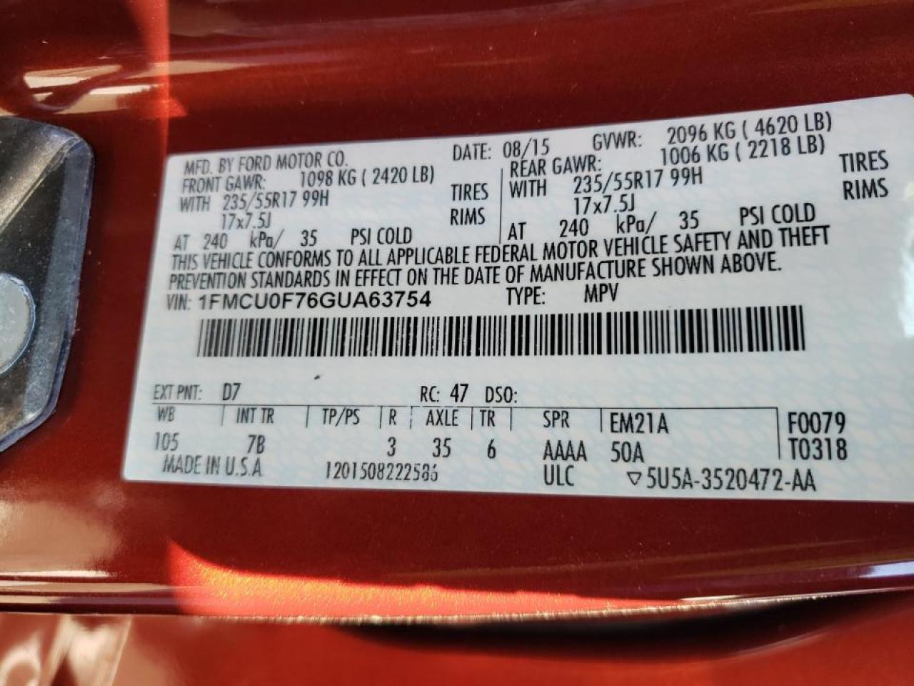 Photo 10 from auction – 2016 FORD ESCAPE S with VIN 1FMCU0F76GUA63754