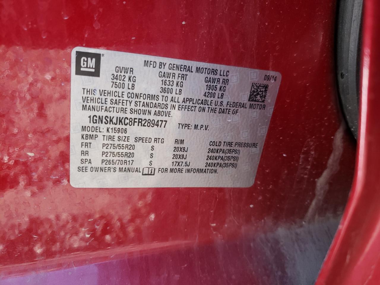 Photo 10 from auction – 2015 CHEVROLET SUBURBAN K with VIN 1GNSKJKC8FR289477