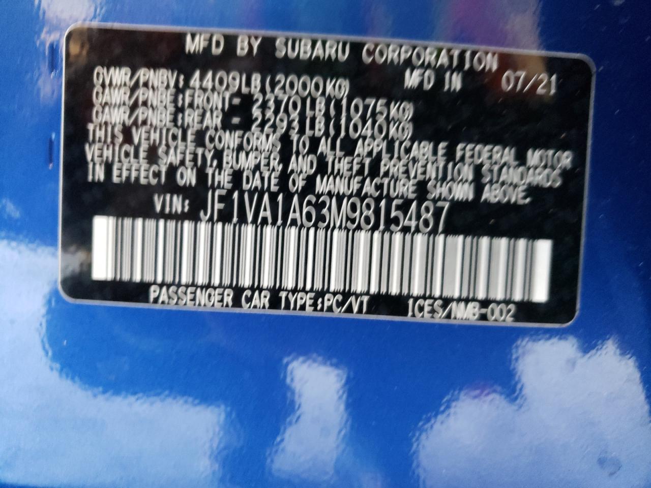 Photo 10 from auction – 2021 SUBARU WRX with VIN JF1VA1A63M9815487