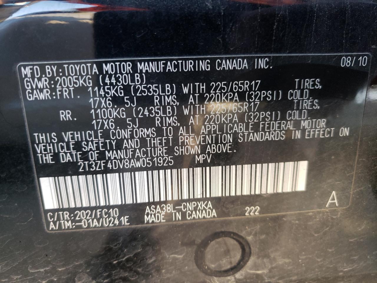 Photo 10 from auction – 2010 TOYOTA RAV4 with VIN 2T3ZF4DV8AW051925