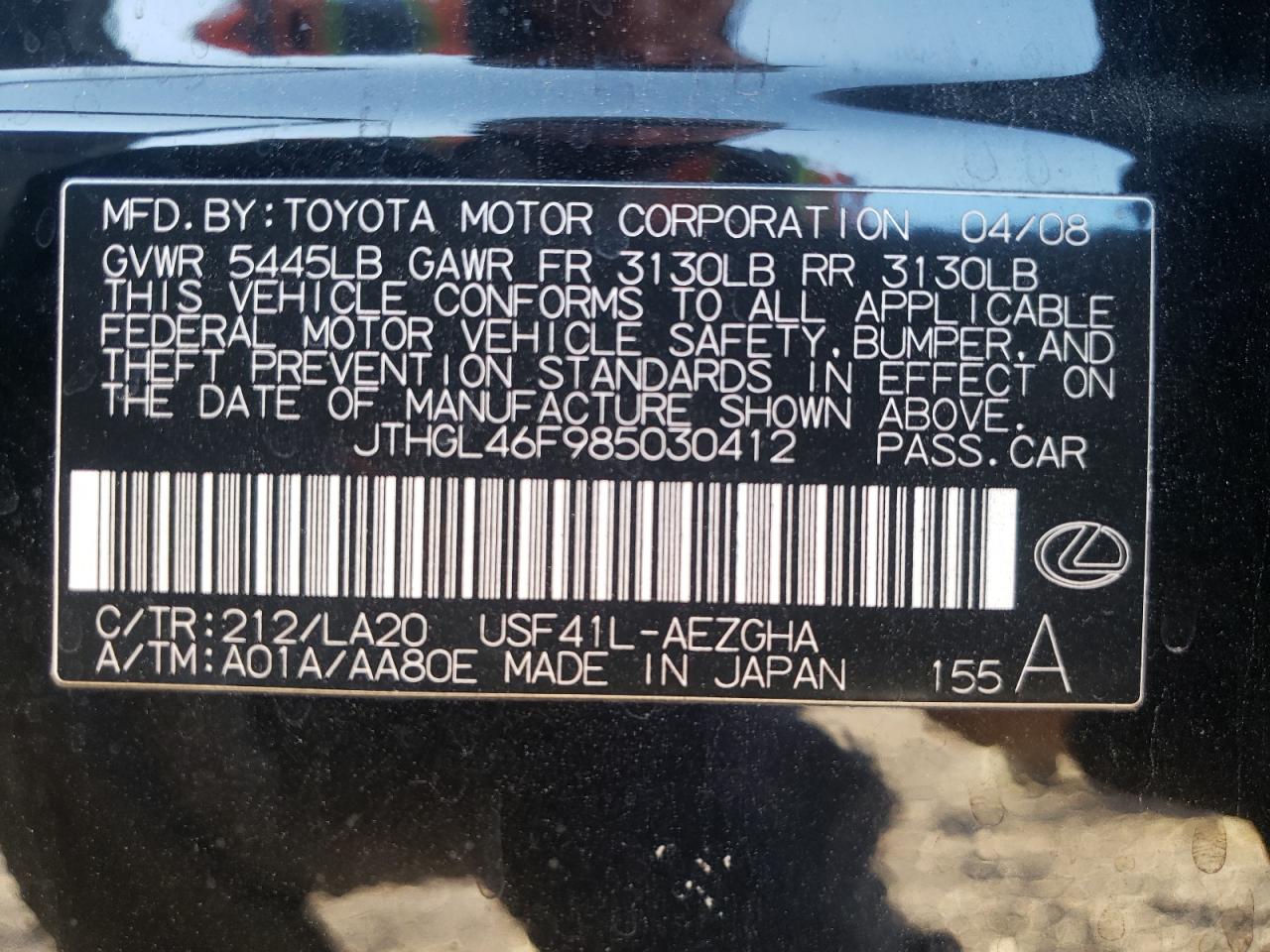 Photo 10 from auction – 2008 LEXUS LS 460L with VIN JTHGL46F985030412