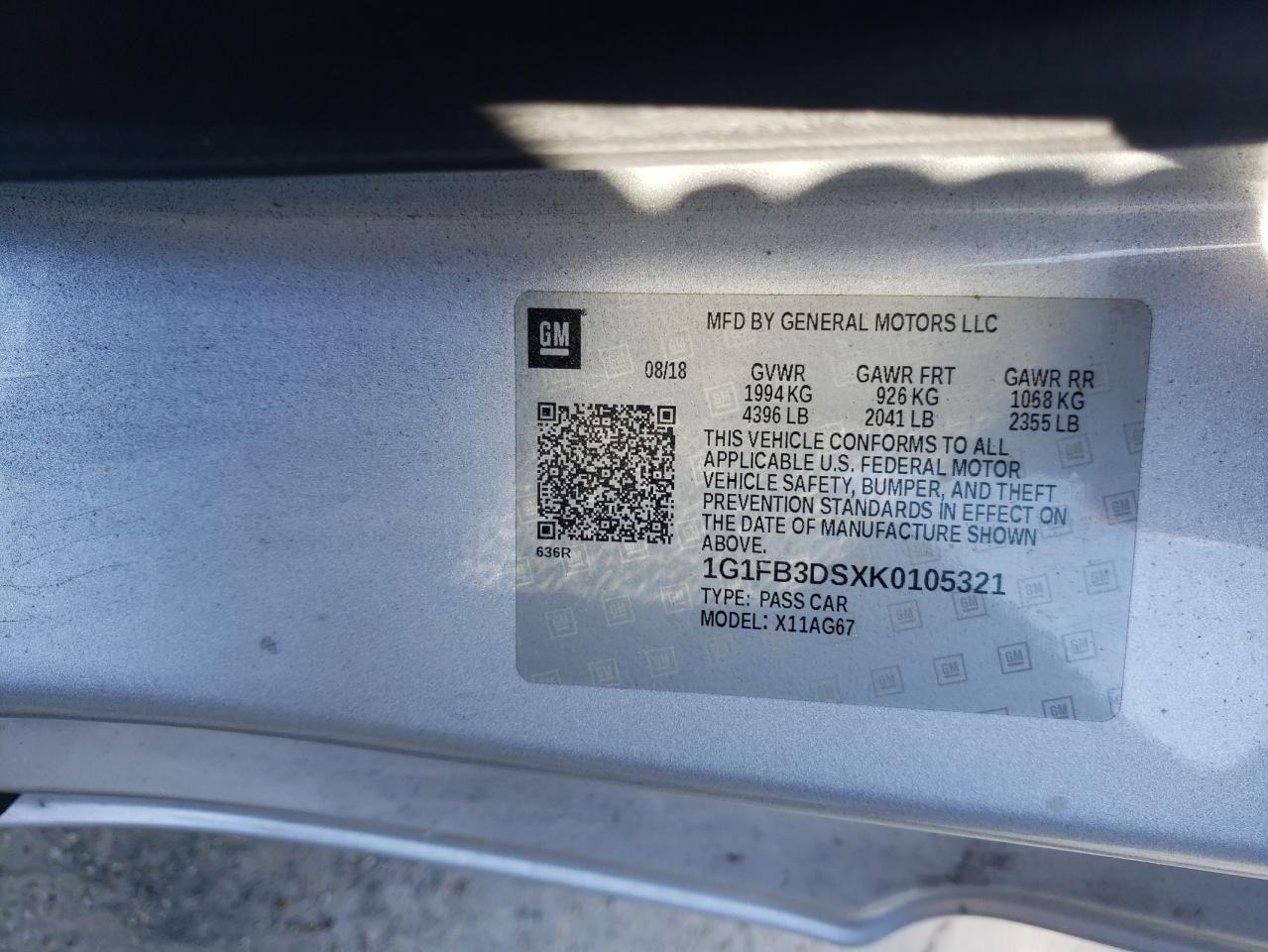 Photo 10 from auction – 2019 CHEVROLET CAMARO LS with VIN 1G1FB3DSXK0105321