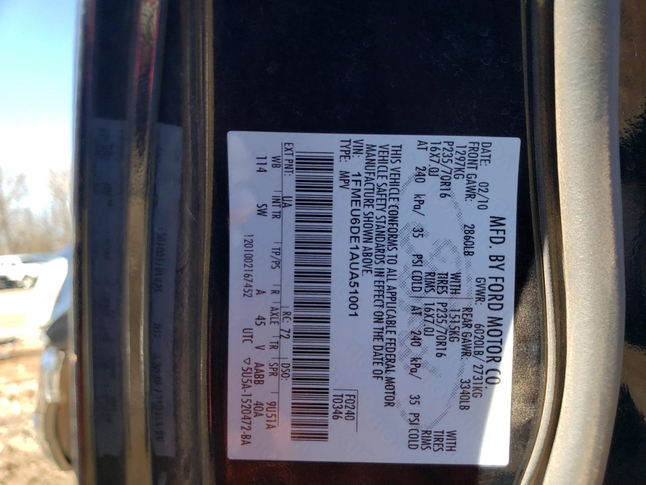 Photo 10 from auction – 2010 FORD EXPLORER X with VIN 1FMEU6DE1AUA51001