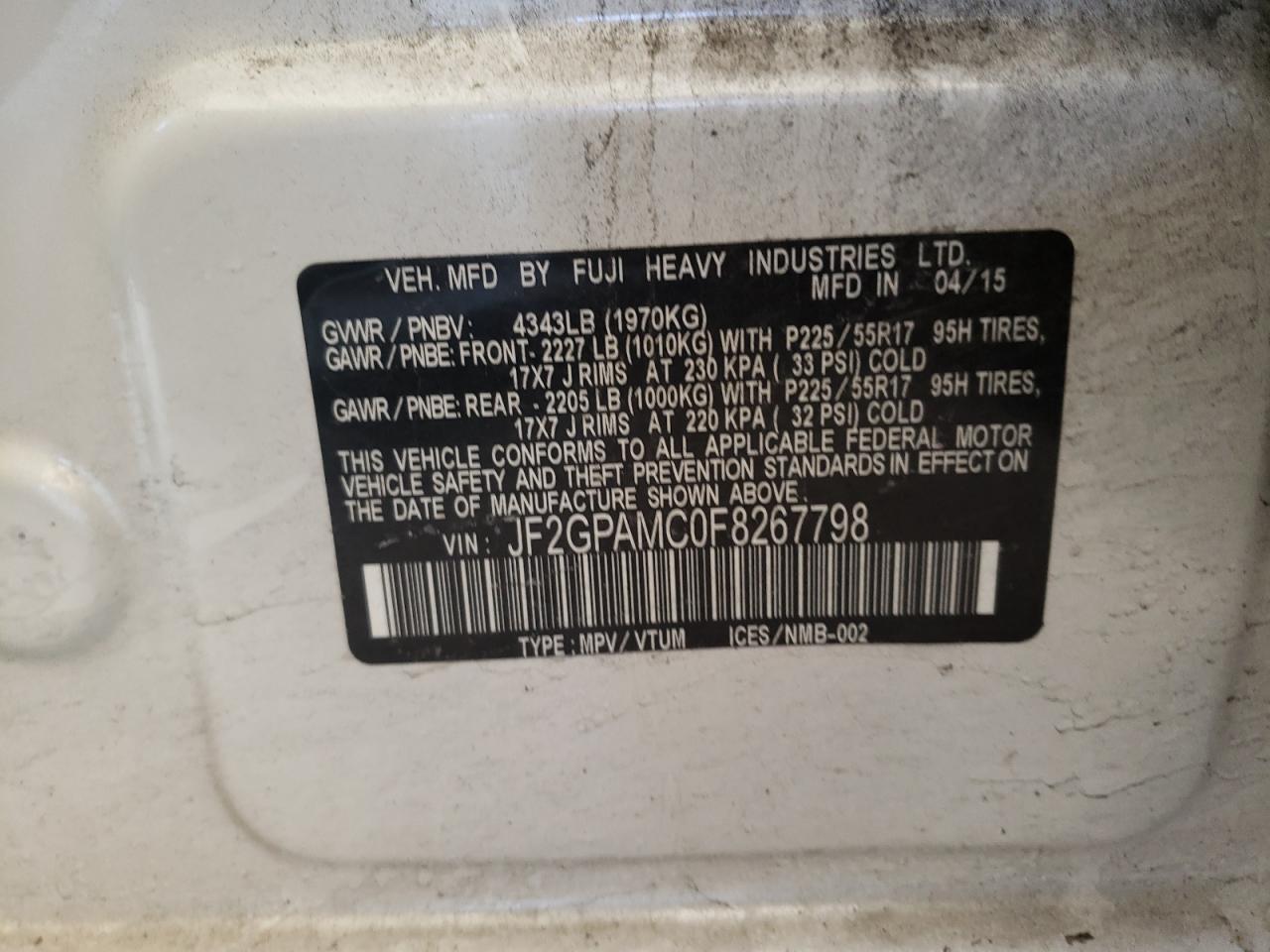 Photo 10 from auction – 2015 SUBARU XV CROSSTR with VIN JF2GPAMC0F8267798