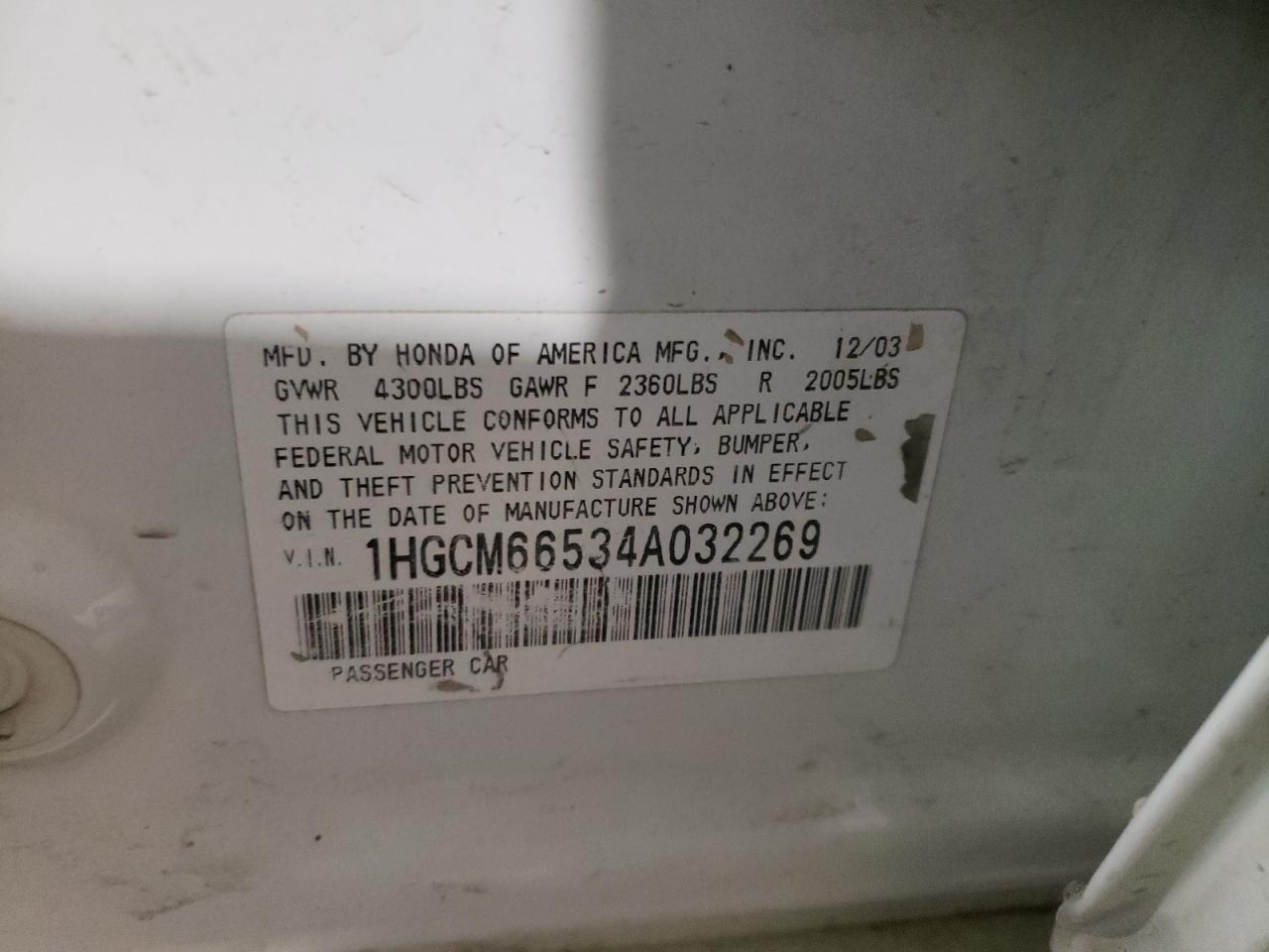Photo 10 from auction – 2004 HONDA ACCORD with VIN 1HGCM66534A032269