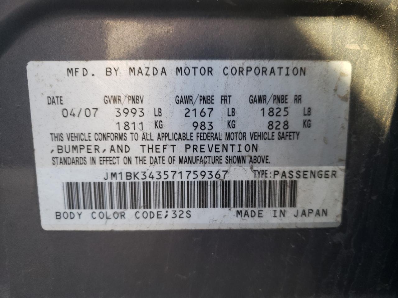 Photo 10 from auction – 2007 MAZDA 3 HATCHBAC with VIN JM1BK343571759367