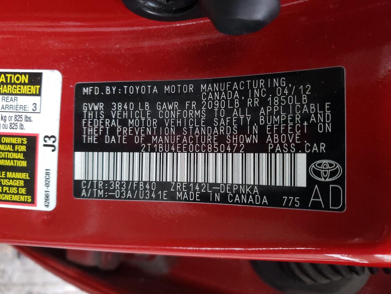 Photo 10 from auction – 2012 TOYOTA COROLLA BA with VIN 2T1BU4EE0CC850472