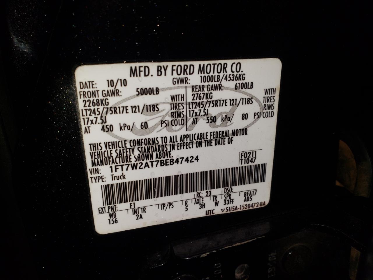 Photo 10 from auction – 2011 FORD F250 SUPER with VIN 1FT7W2AT7BEB47424