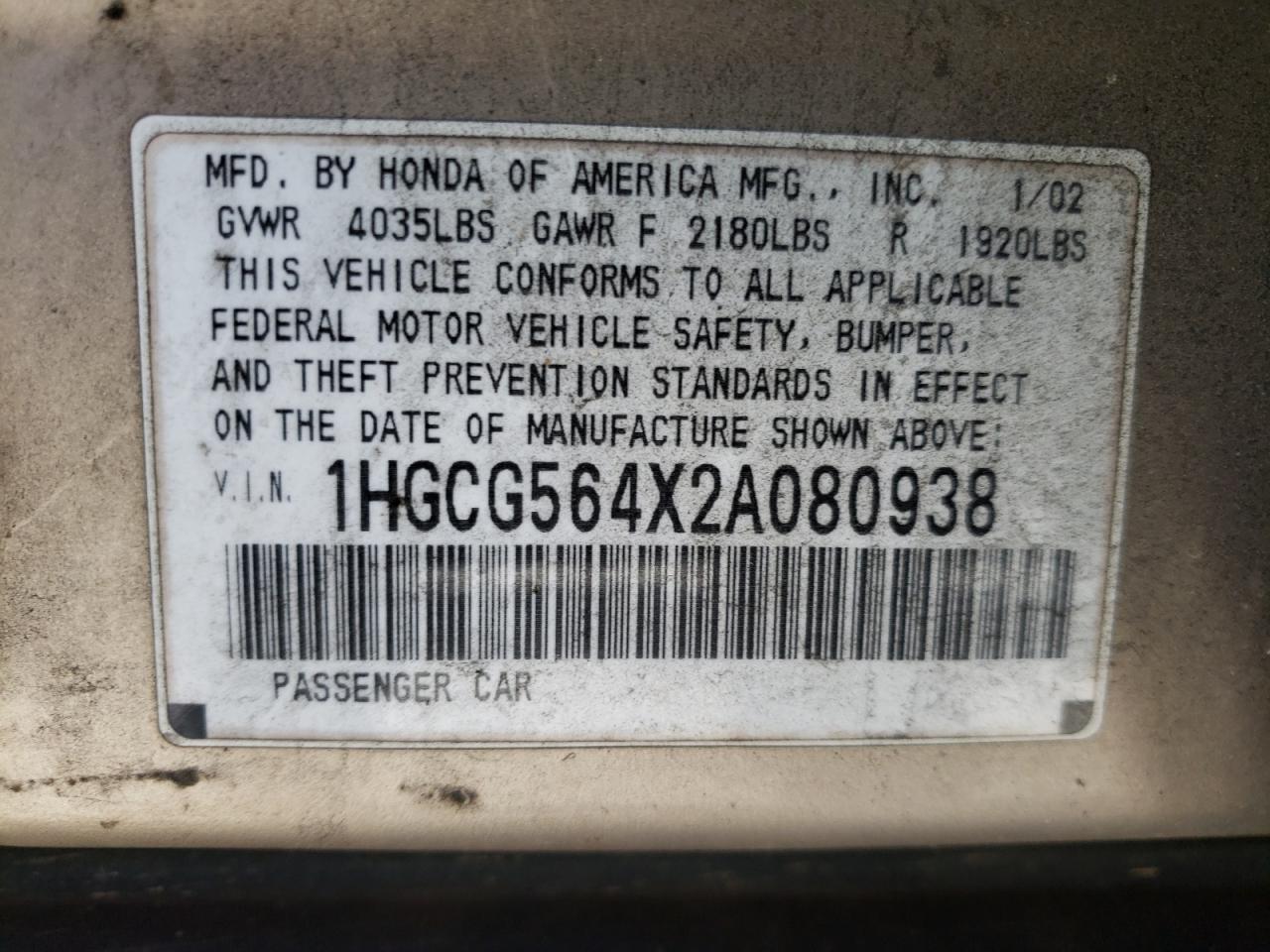 Photo 10 from auction – 2002 HONDA ACCORD LX with VIN 1HGCG564X2A080938