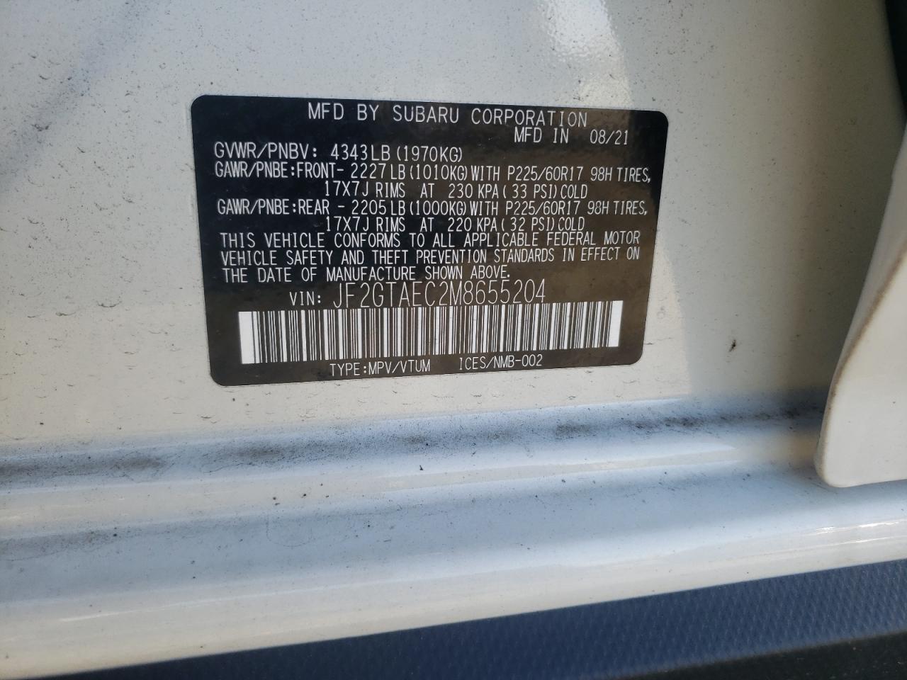 Photo 10 from auction – 2021 SUBARU CROSSTREK with VIN JF2GTAEC2M8655204