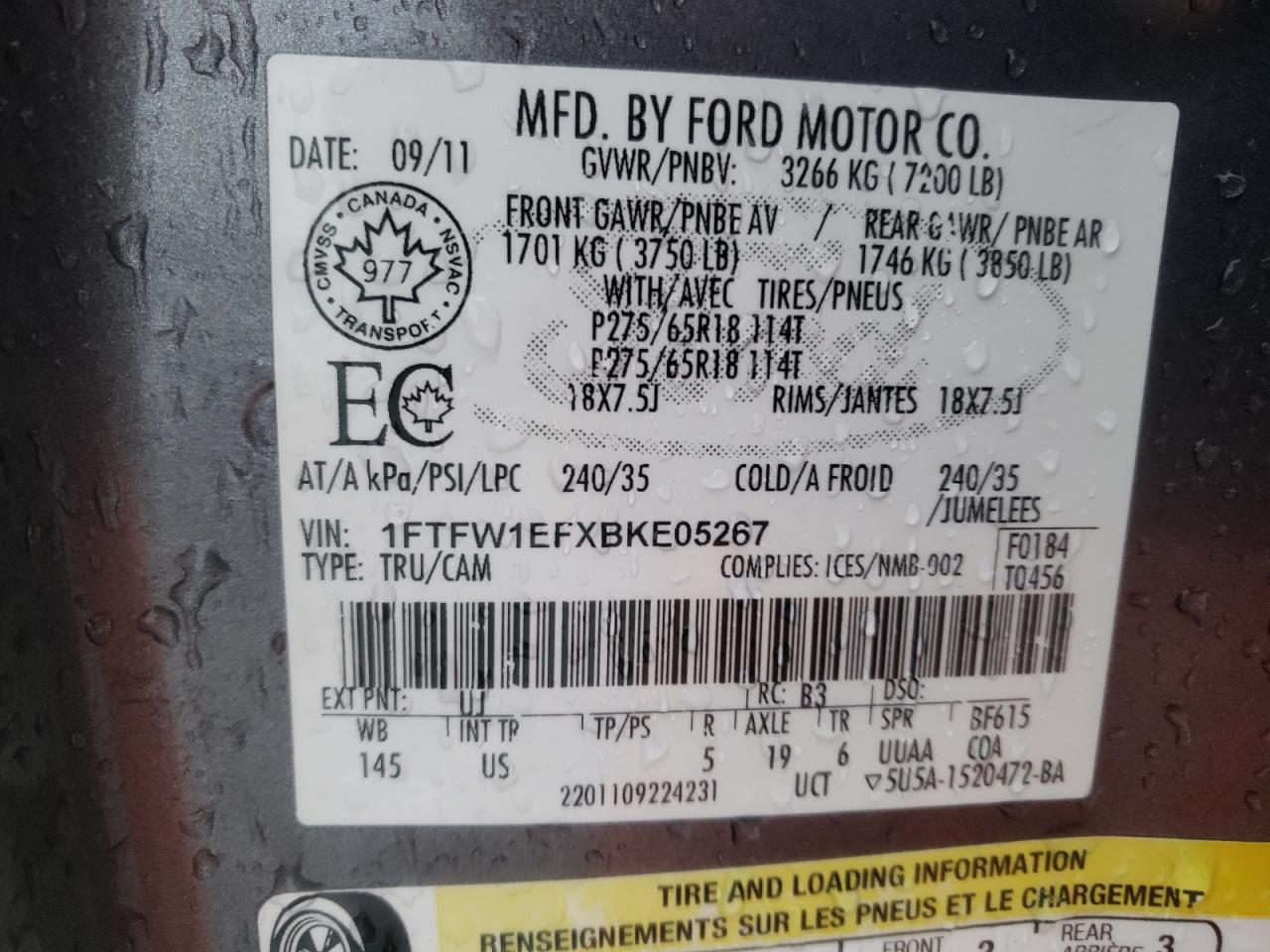 Photo 10 from auction – 2011 FORD F150 SUPER with VIN 1FTFW1EFXBKE05267