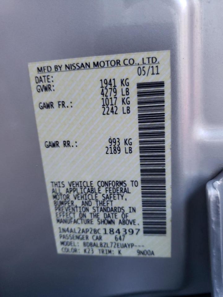 Photo 10 from auction – 2011 NISSAN ALTIMA BAS with VIN 1N4AL2AP2BC184397