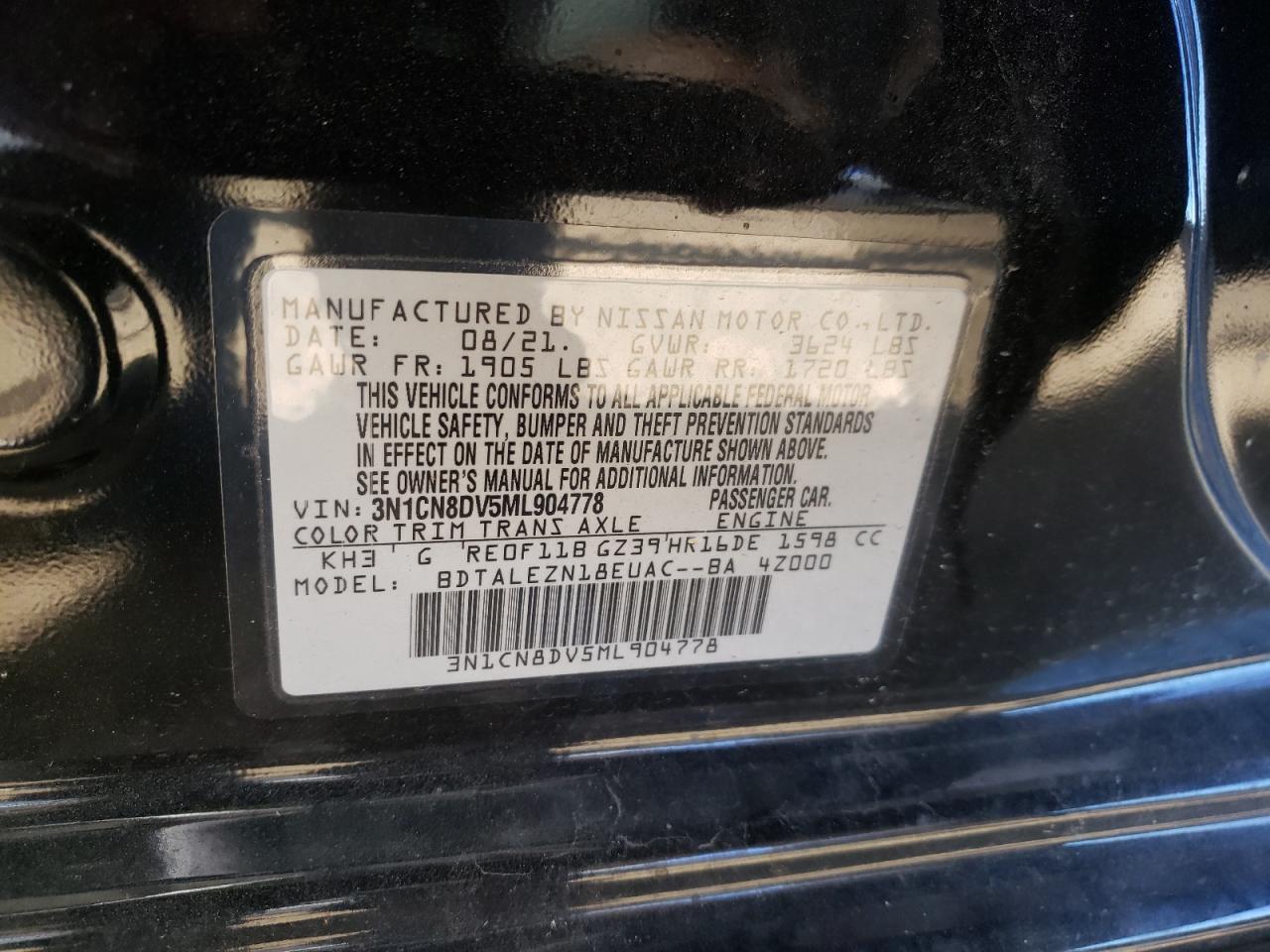 Photo 10 from auction – 2021 NISSAN VERSA S with VIN 3N1CN8DV5ML904778