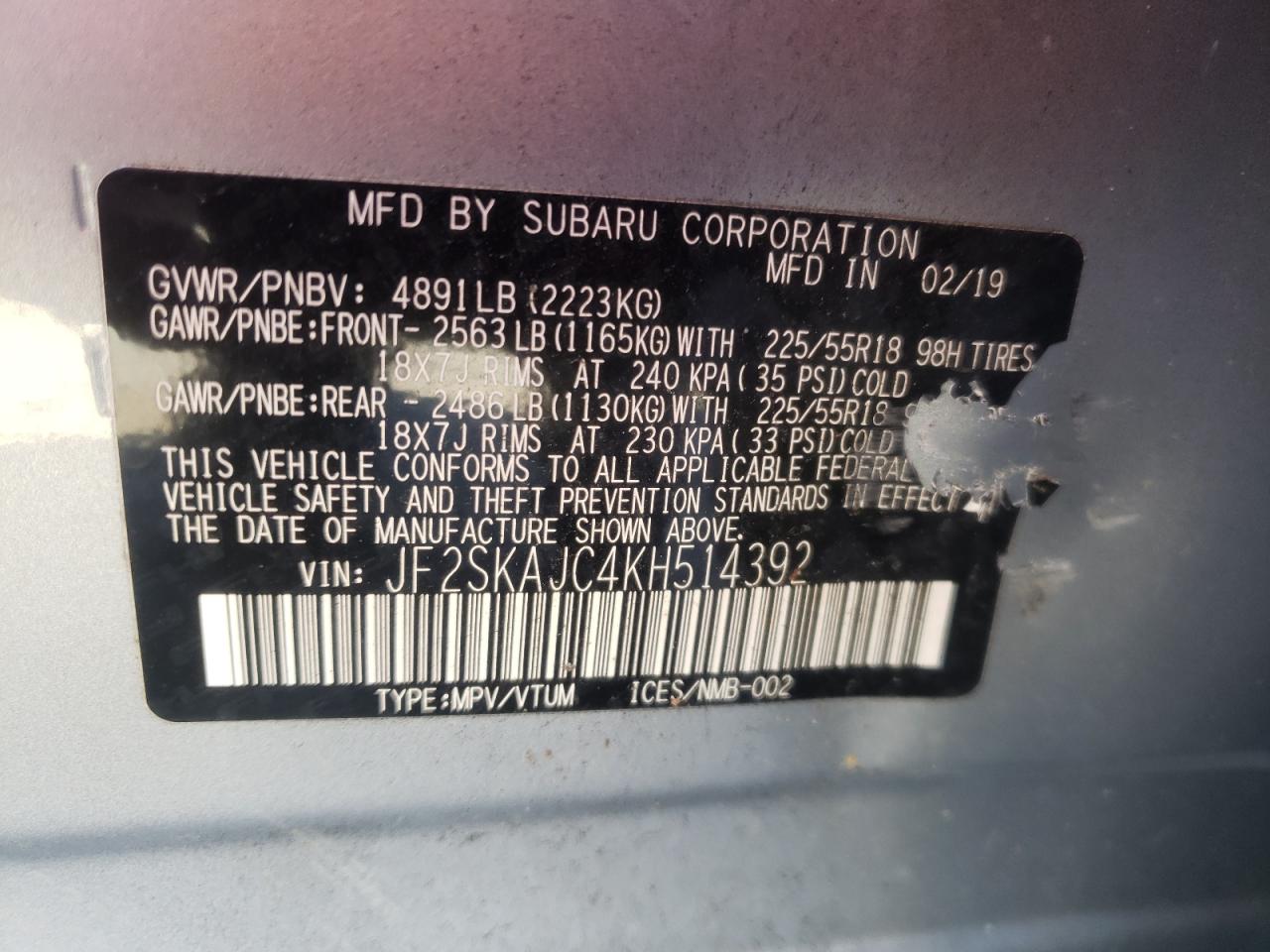 Photo 10 from auction – 2019 SUBARU FORESTER S with VIN JF2SKAJC4KH514392