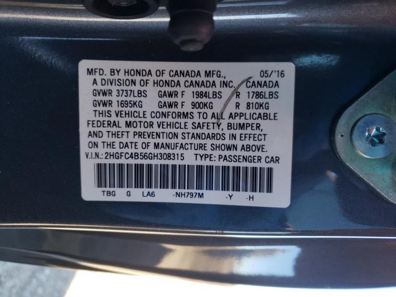 Photo 10 from auction – 2016 HONDA CIVIC LX with VIN 2HGFC4B56GH308315
