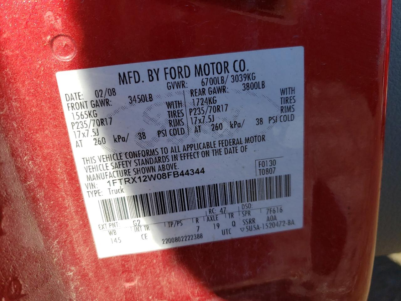 Photo 10 from auction – 2008 FORD F150 with VIN 1FTRX12W08FB44344