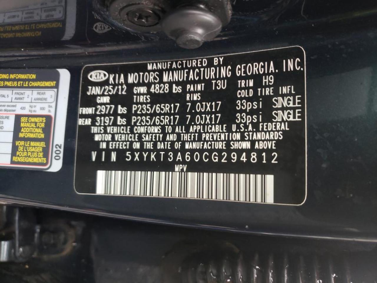 Photo 10 from auction – 2012 KIA SORENTO BA with VIN 5XYKT3A60CG294812