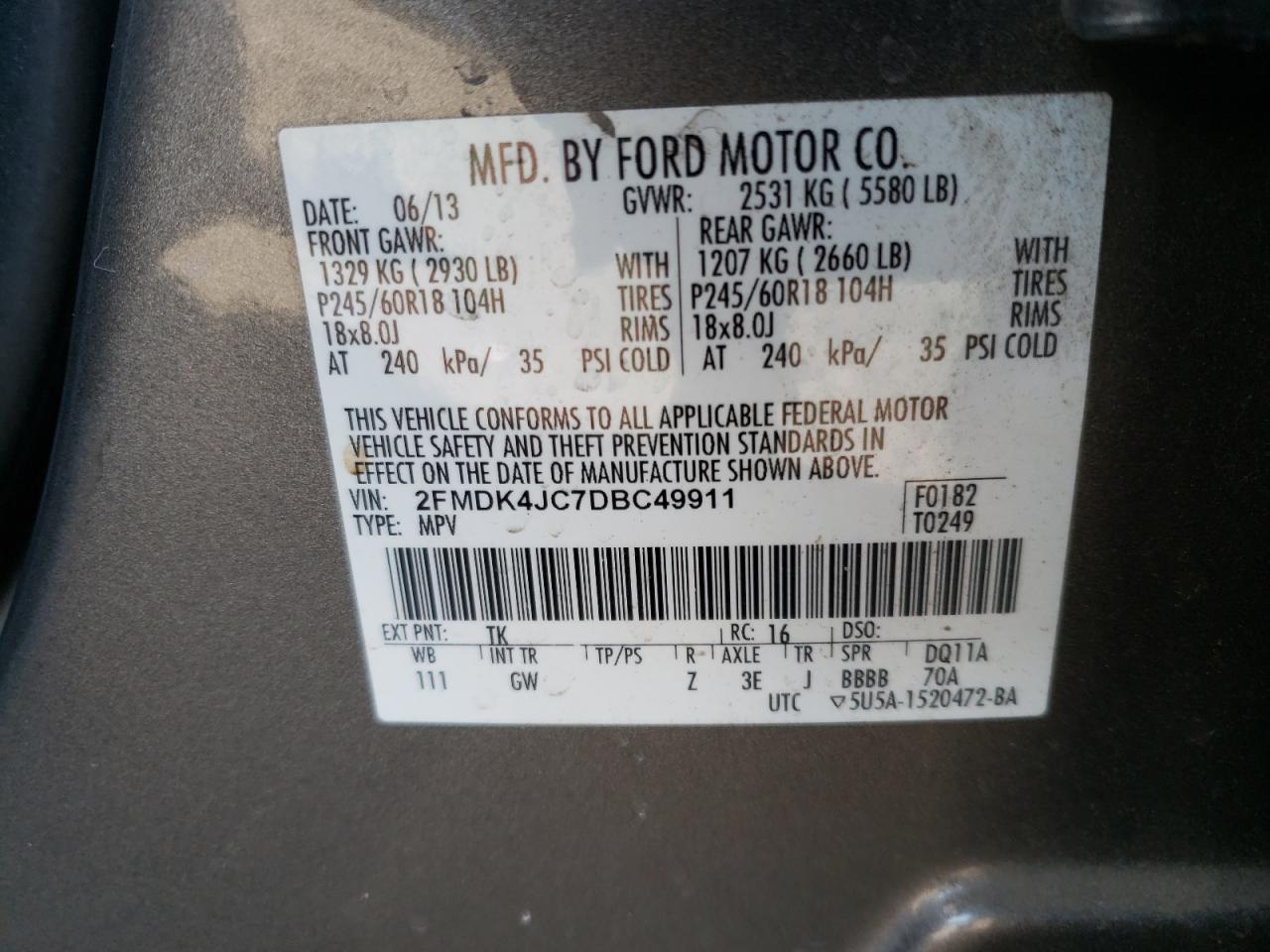 Photo 10 from auction – 2013 FORD EDGE SEL with VIN 2FMDK4JC7DBC49911