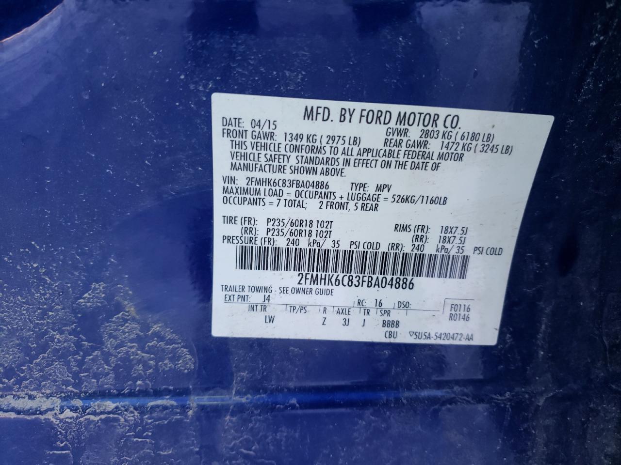 Photo 10 from auction – 2015 FORD FLEX SEL with VIN 2FMHK6C83FBA04886