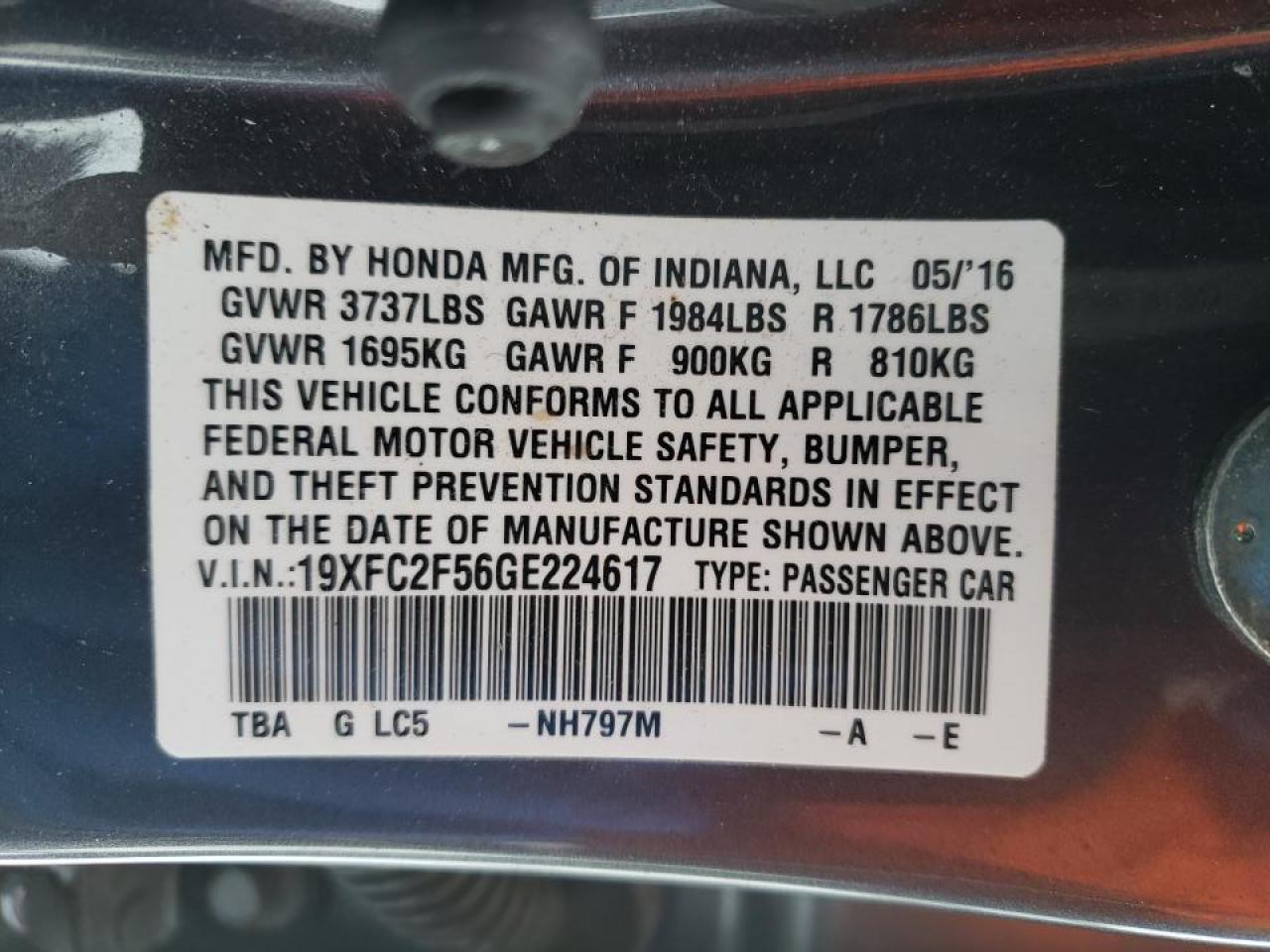 Photo 10 from auction – 2016 HONDA CIVIC LX with VIN 19XFC2F56GE224617