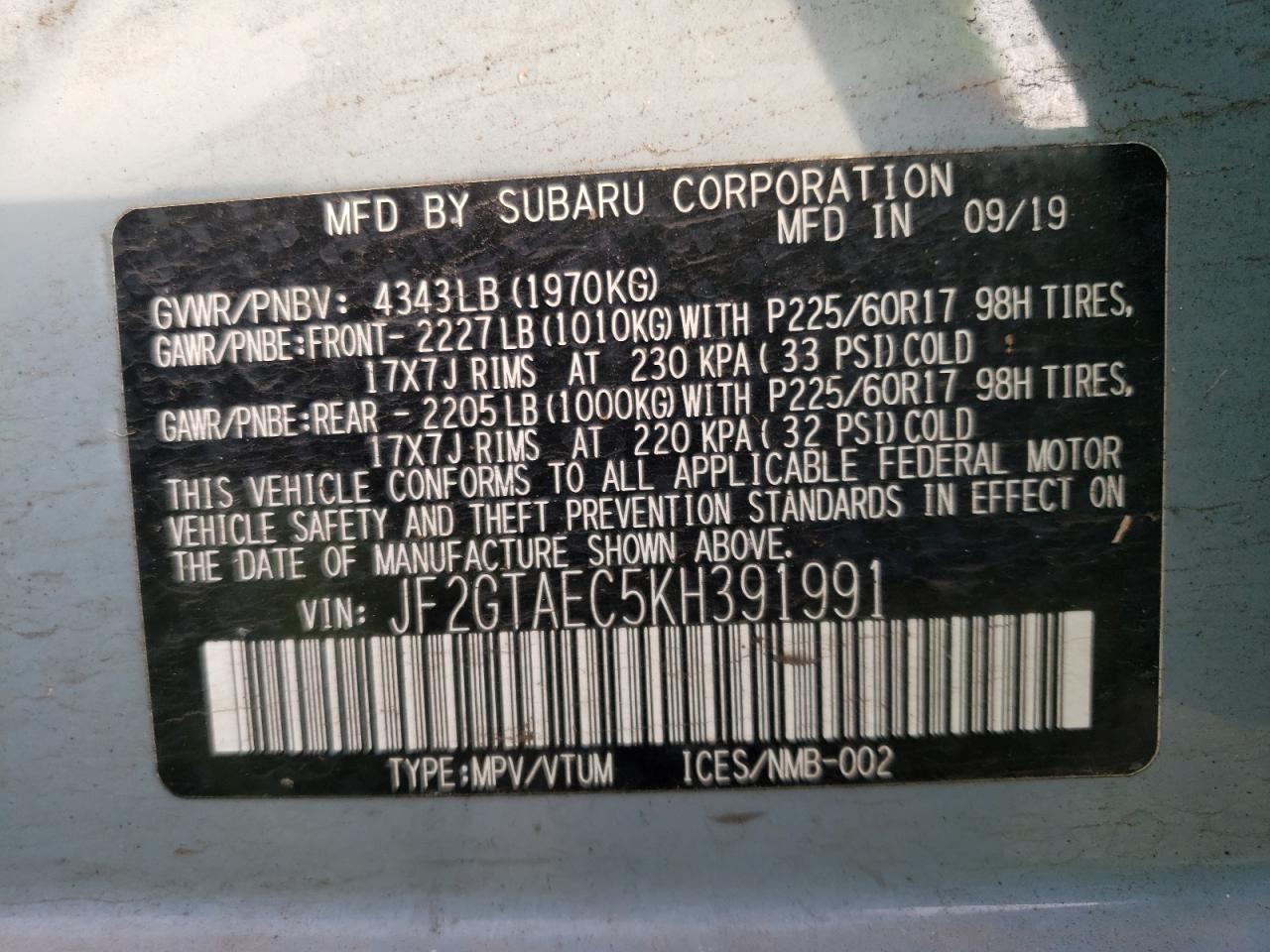 Photo 10 from auction – 2019 SUBARU CROSSTREK with VIN JF2GTAEC5KH391991