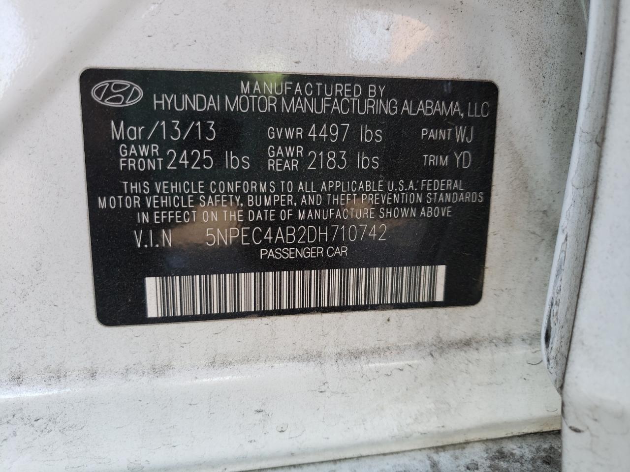 Photo 10 from auction – 2013 HYUNDAI SONATA SE with VIN 5NPEC4AB2DH710742