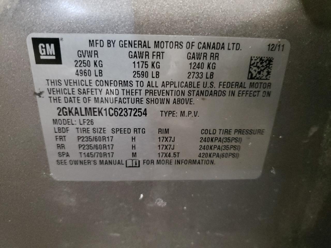 Photo 10 from auction – 2012 GMC TERRAIN SL with VIN 2GKALMEK1C6237254