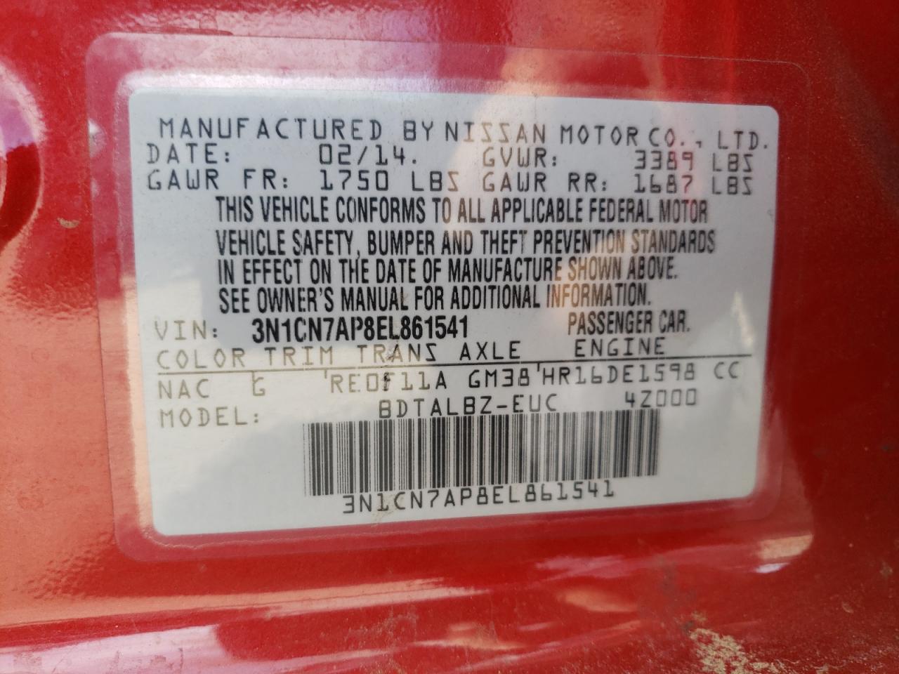 Photo 10 from auction – 2014 NISSAN VERSA S with VIN 3N1CN7AP8EL861541