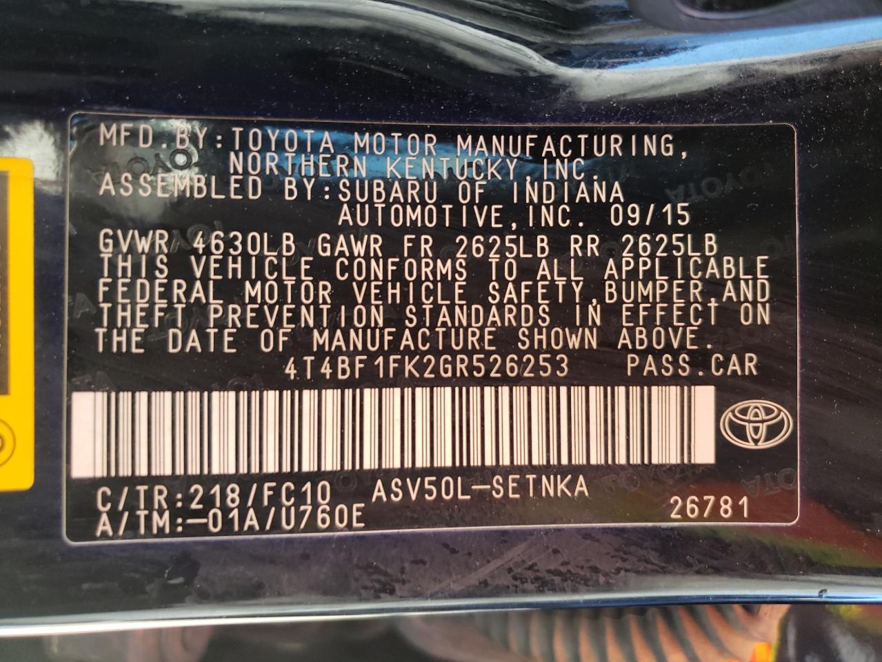 Photo 10 from auction – 2016 TOYOTA CAMRY LE with VIN 4T4BF1FK2GR526253