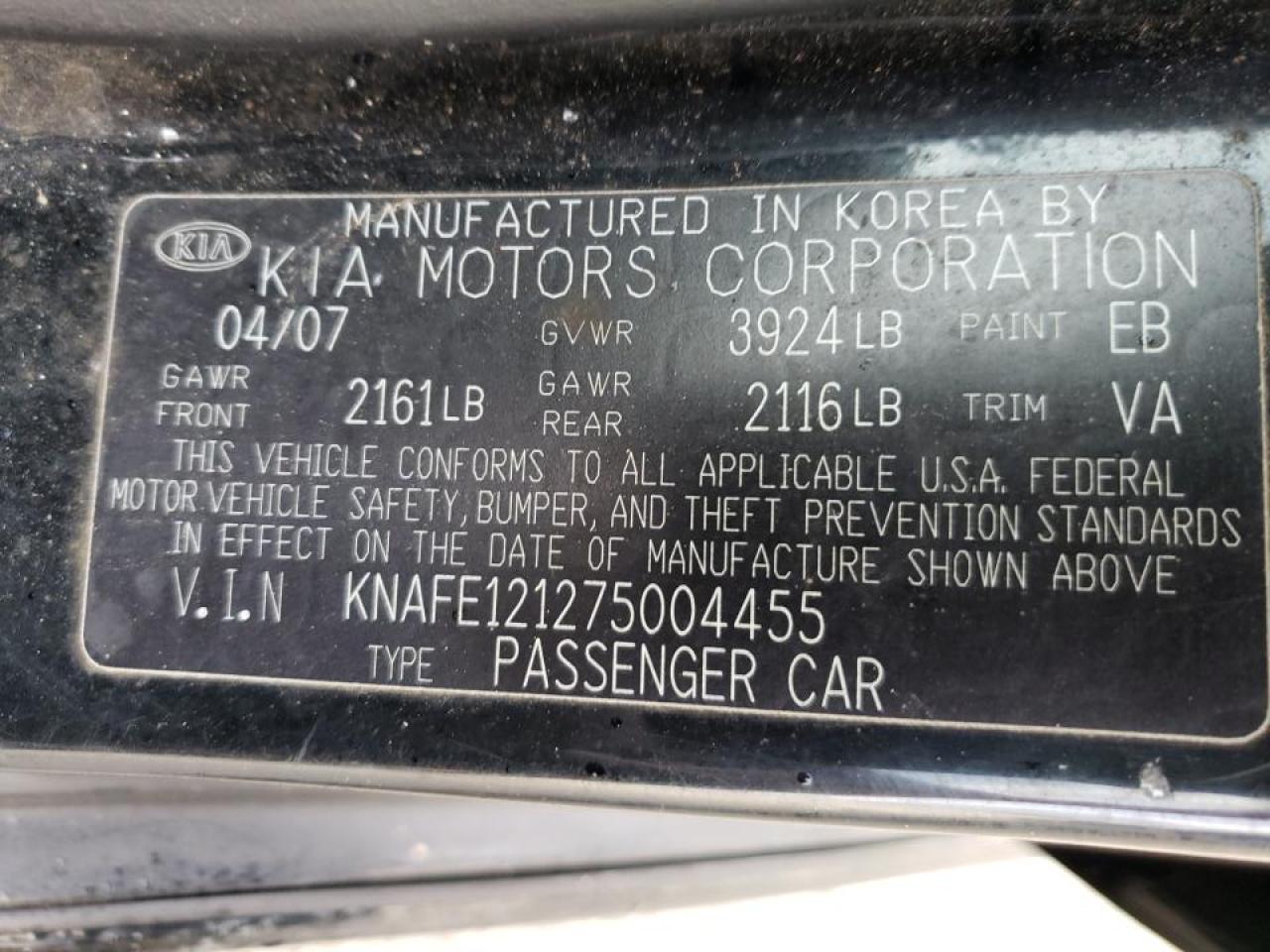 Photo 10 from auction – 2007 KIA SPECTRA EX with VIN KNAFE121275004455